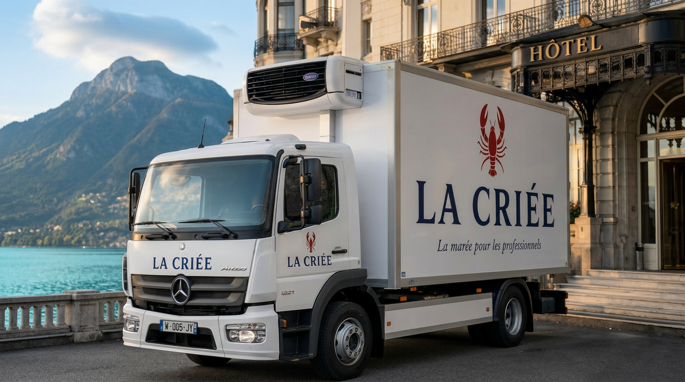 La Criée — Camion frigorifique livrant devant un palace au bord du lac d'Annecy